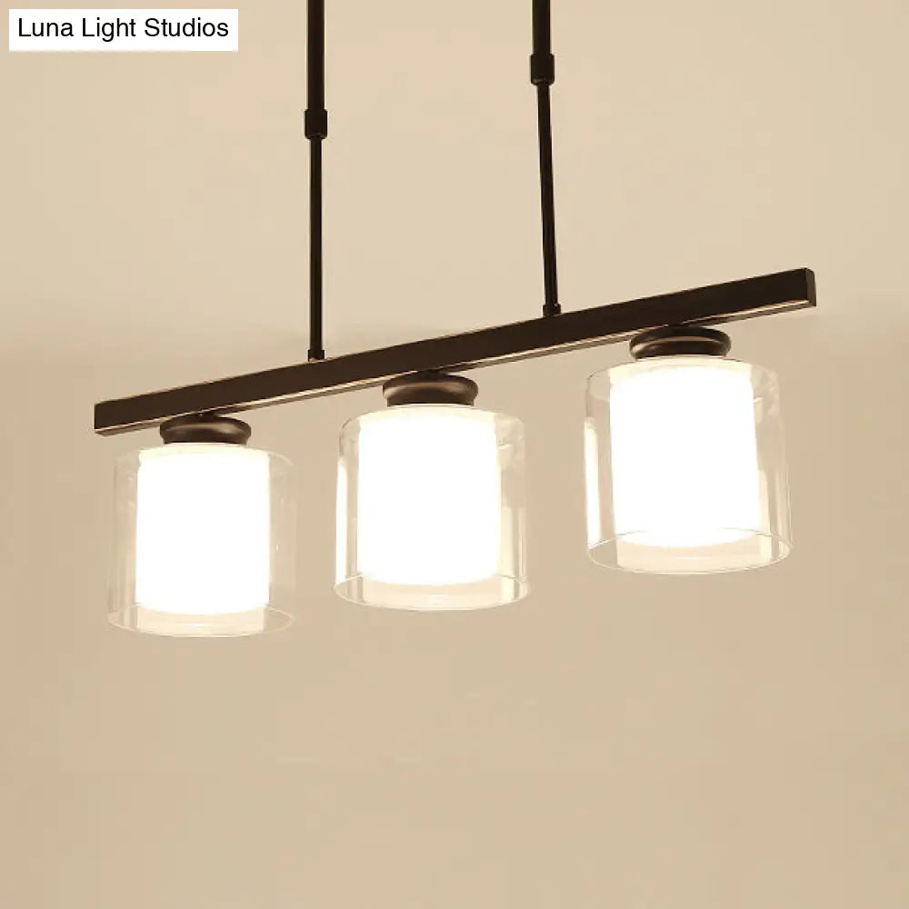 Cylinder Island Pendant Light Fixture - Modern Black/Silver Clear Glass Ideal For Kitchen 3 / Black