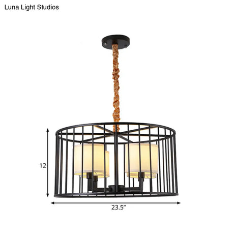Cylinder Pendant Chandelier: Classic Metal 4-Light Black Fixture With Fabric Shade - Perfect For