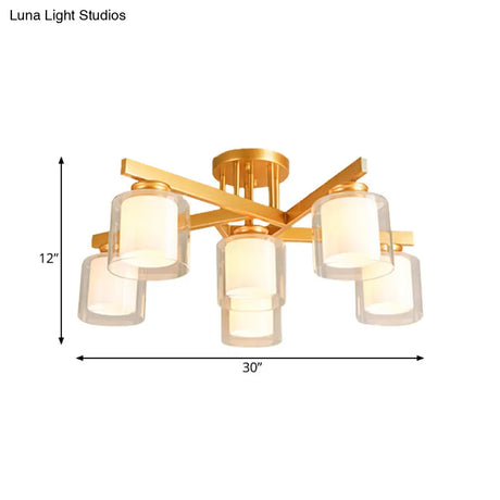 Cylinder Semi Mount Bedroom Lighting - Clear Glass White Ceiling Light 4/5/6 Lights