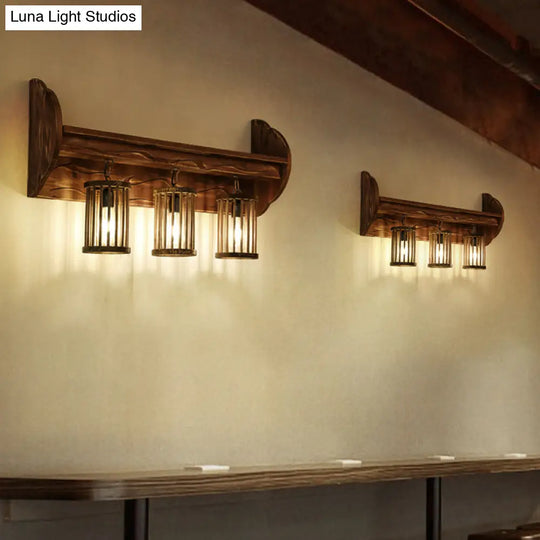 Cylinder Wood Wall Mount Light With 3-Head Brown Sconce - Factory Style Bedroom Lighting