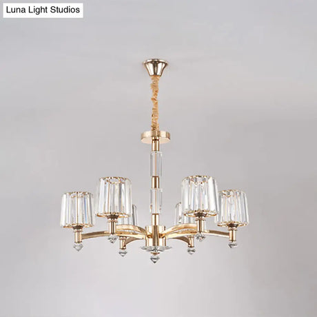 Cylindrical Gold Pendant Chandelier With Minimalist Optic Crystal Prism - Perfect For Living Room