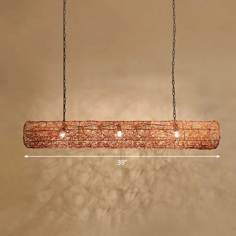 Cylindrical Rattan Island Pendant Light - Southeast Asian Style With 3 Bulbs For Tea Room Ceiling