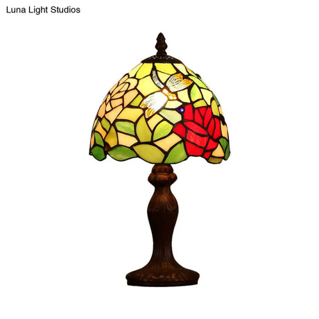 Dark Brown Stained Glass Dragonfly And Rose Night Light Table Lamp