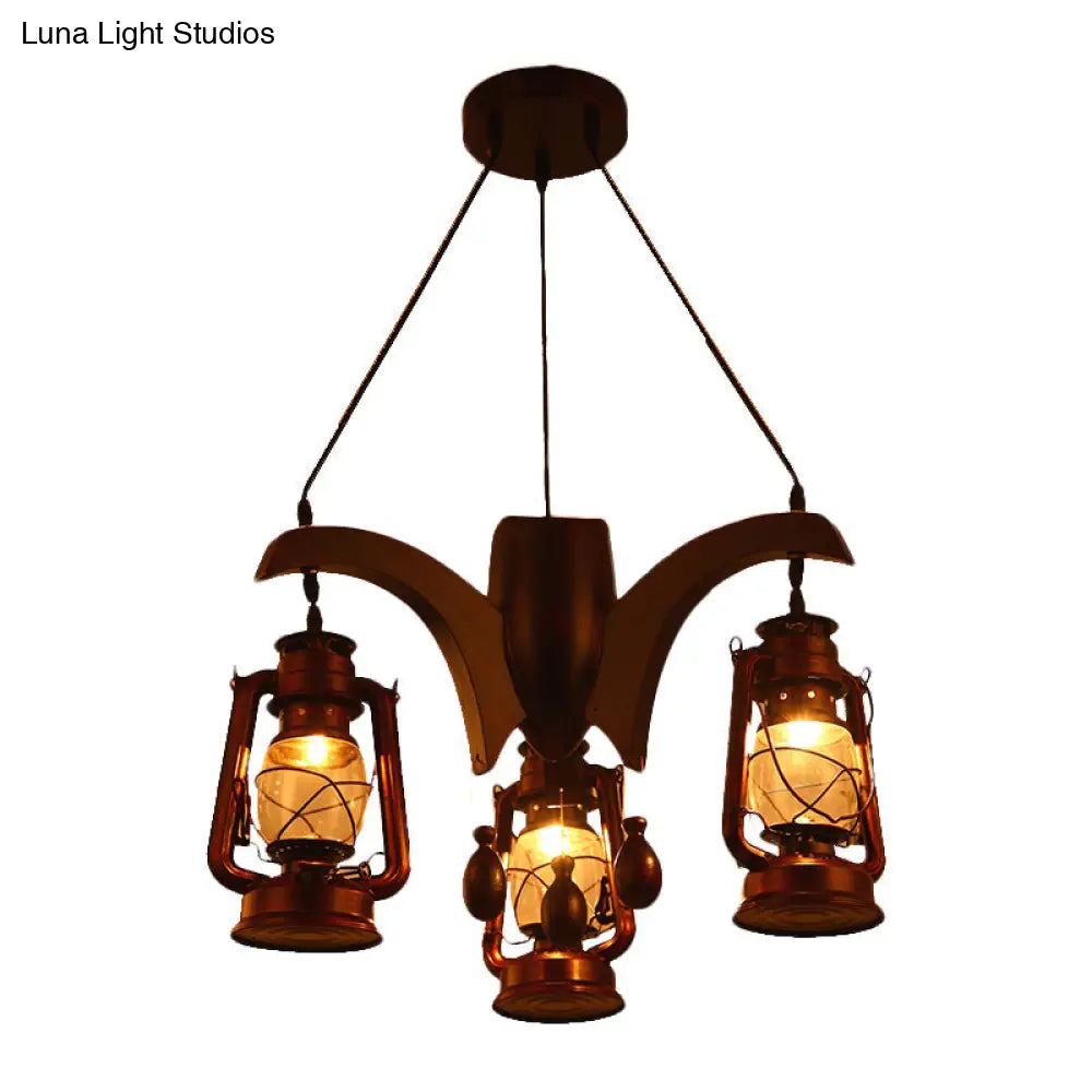 Industrial Kerosene Chandelier Lamp - Clear Glass Dark Wood Finish 3 Lights Perfect For Living Room