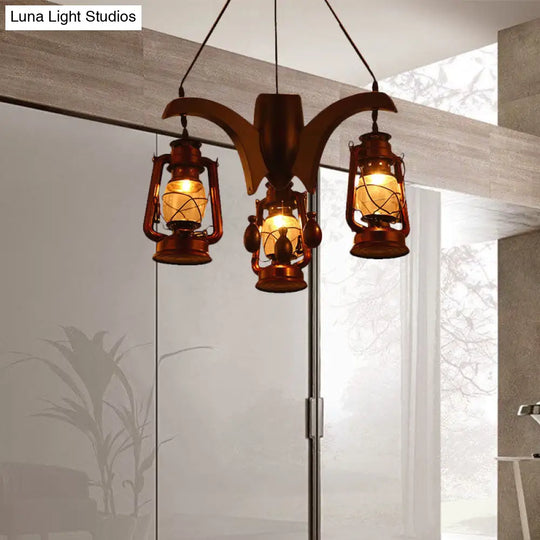 Dark Wood Industrial Kerosene Chandelier - 3-Light Clear Glass Ceiling Hanging Lamp For Living Room