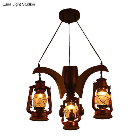 Dark Wood Industrial Kerosene Chandelier - 3-Light Clear Glass Ceiling Hanging Lamp For Living Room