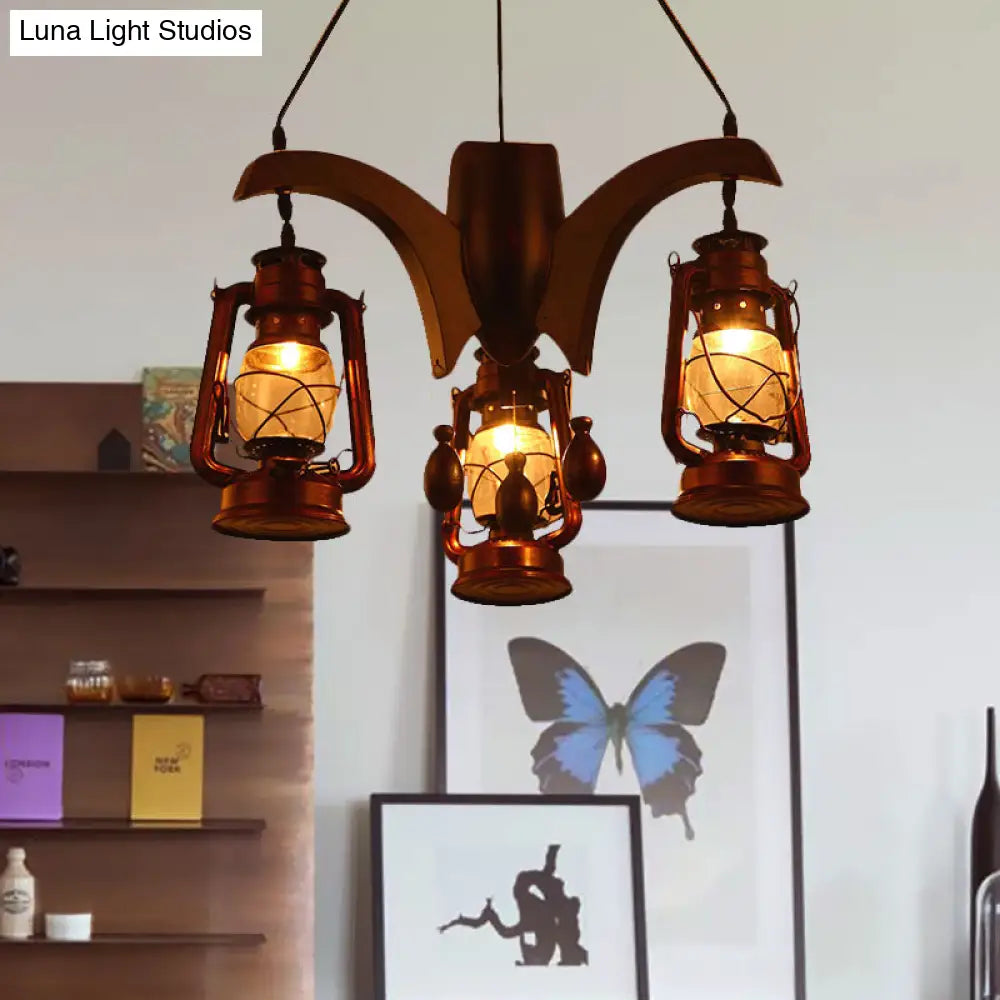 Industrial Kerosene Chandelier Lamp - Clear Glass Dark Wood Finish 3 Lights Perfect For Living Room