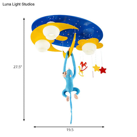 Decorative Metal Moon & Star Ceiling Light For Child’s Bedroom With Hanging Monkey