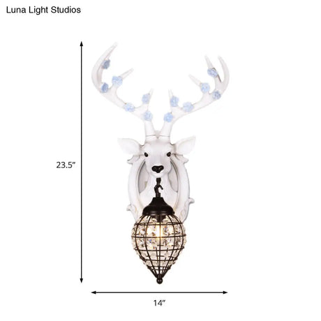 Deer Head Wall Lamp: Countryside Resin Sconce With Lantern Crystal Shade In White/Brown