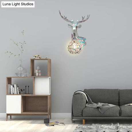 Deer Sconce 1-Light Resin Wall Mount Lighting In Black/Pink/Yellow With Crystal Shade - Bedroom