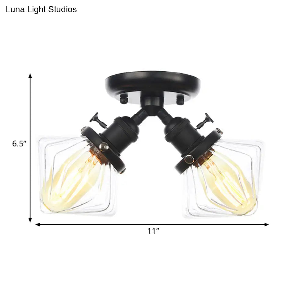 Diamond Amber/Clear Glass Semi Mount Farmhouse Light Fixture - 2 - Light Flush Black/Bronze Design