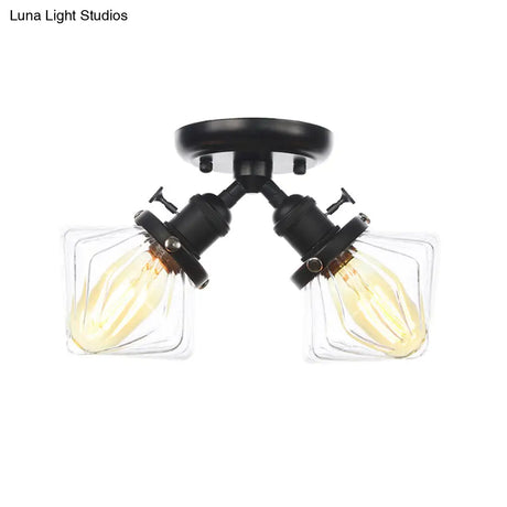 Diamond Amber/Clear Glass Semi Mount Farmhouse Light Fixture - 2 - Light Flush Black/Bronze Design