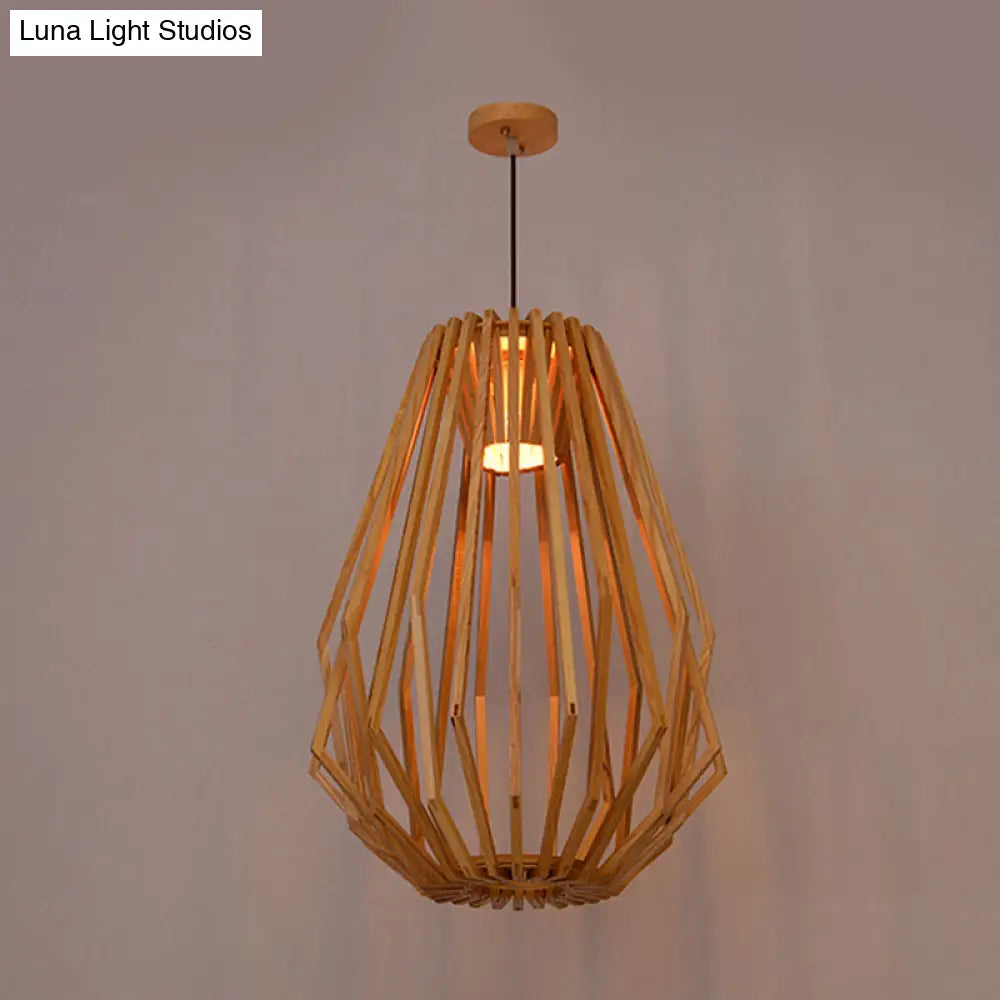 Diamond Cafe Pendant Light - Asian Style Wood Suspension 1 Head Beige