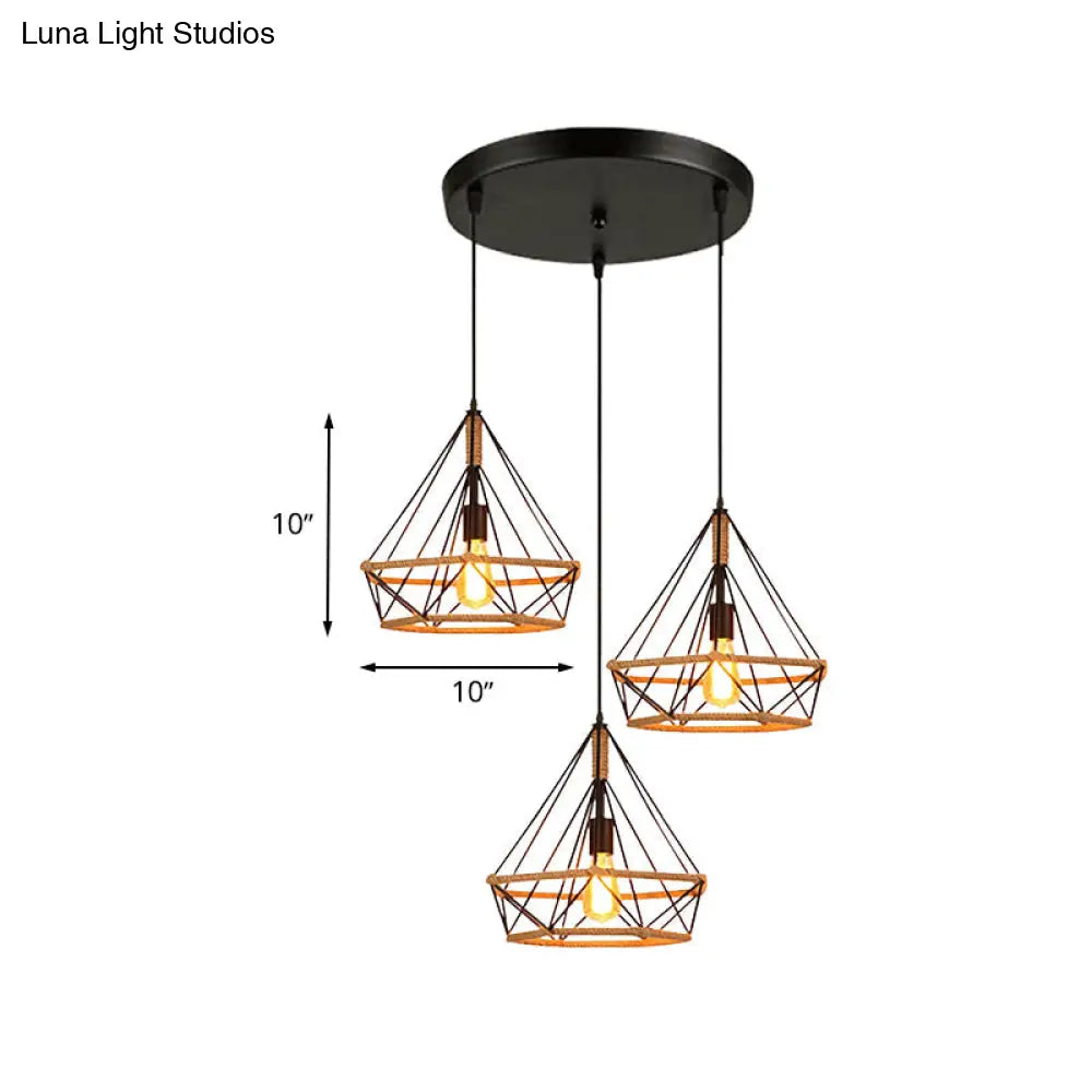 Diamond Cage Pendant Lamp - Industrial Stylish 3 Lights Metal And Rope Black
