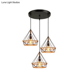 Diamond Cage Pendant Lamp - Industrial Stylish 3 Lights Metal And Rope Black