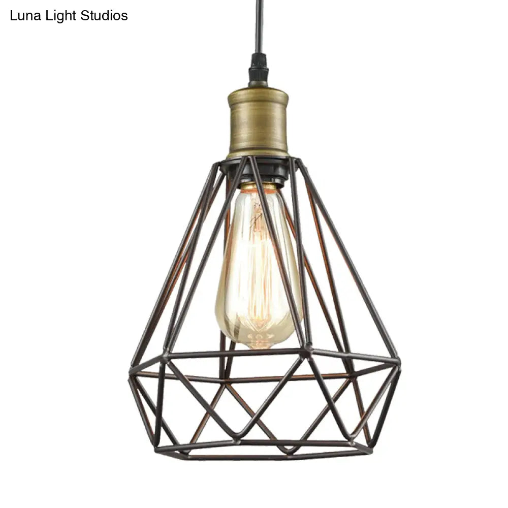 Vintage Diamond Cage Pendant Light - Iron Hanging Lamp In Brass For Living Room