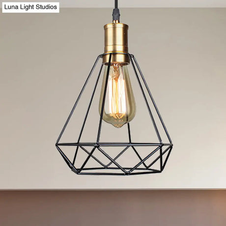 Diamond Cage Pendant Light In Retro Style- Brass/Antique For Living Room