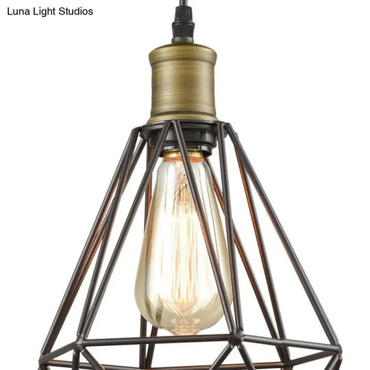 Vintage Diamond Cage Pendant Light - Iron Hanging Lamp In Brass For Living Room