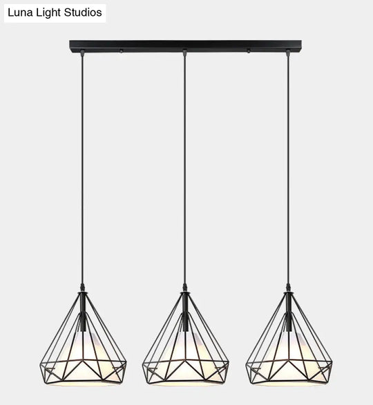 Diamond Cage Pendant With 3 Lights - Industrial Iron Ceiling For Bar Using Hanging Cord