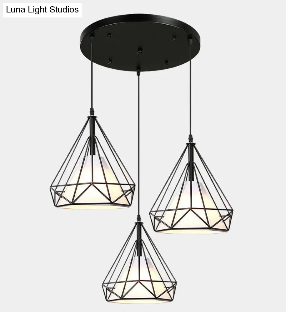 Diamond Cage Pendant With 3 Lights - Industrial Iron Ceiling For Bar Using Hanging Cord