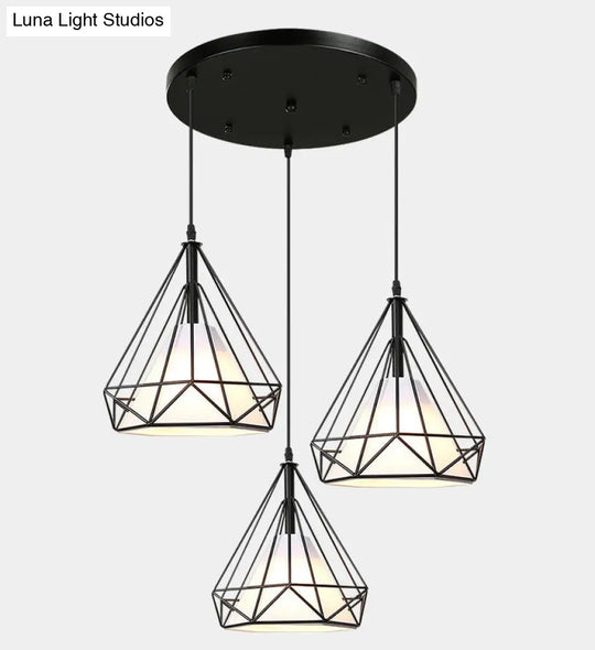 Diamond Cage Pendant With 3 Lights - Industrial Iron Ceiling For Bar Using Hanging Cord