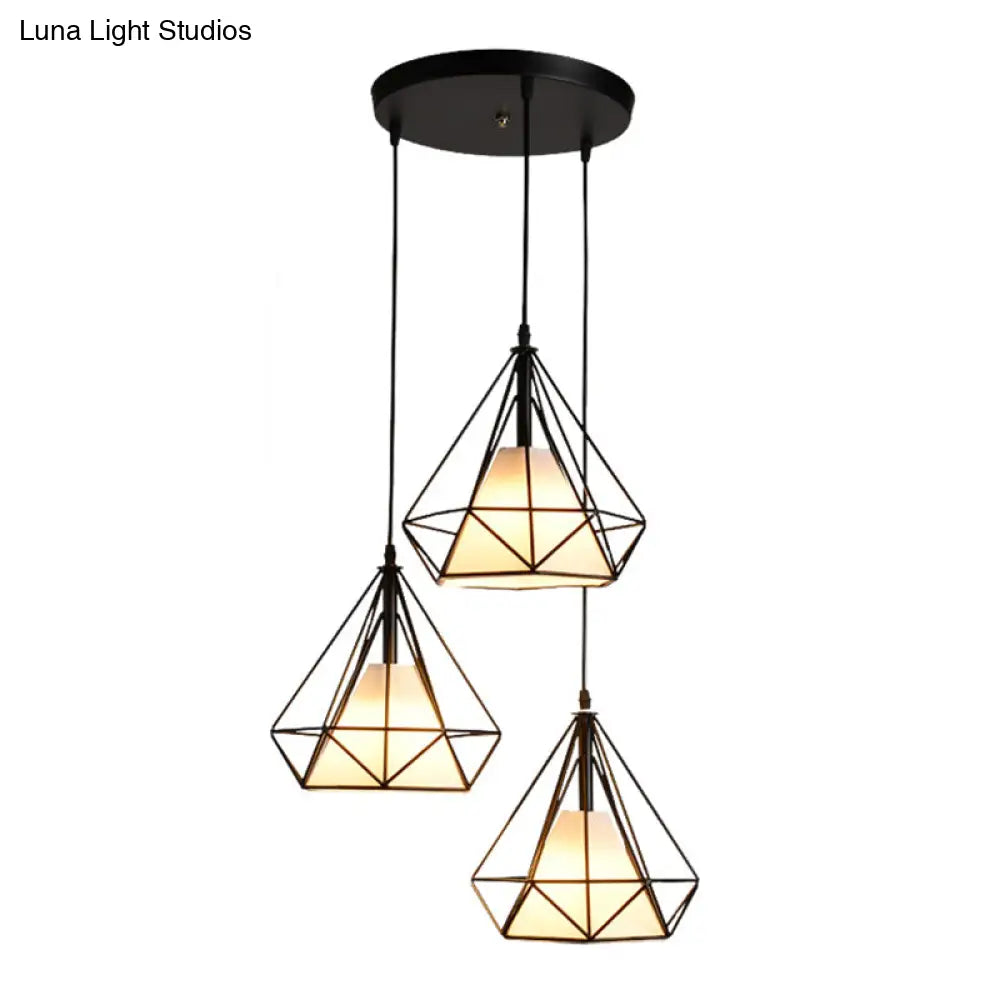 Diamond Cage Pendant With 3 Lights - Industrial Iron Ceiling For Bar Using Hanging Cord