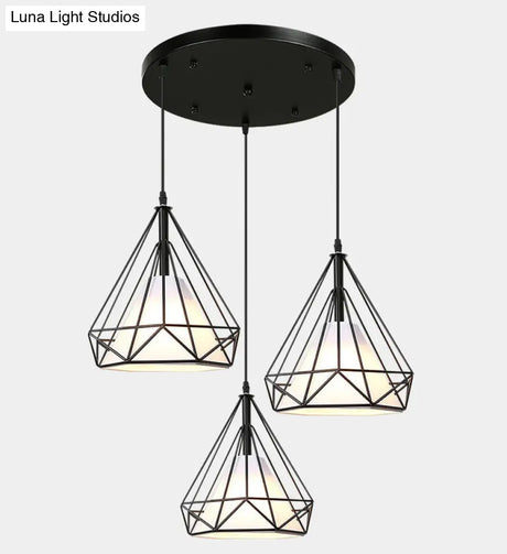 Diamond Cage Pendant With 3 Lights - Industrial Iron Ceiling For Bar Using Hanging Cord