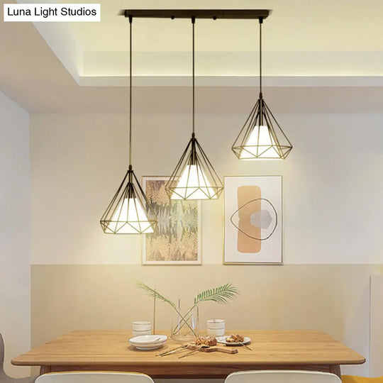 Diamond Cage Pendant With 3 Lights - Industrial Iron Ceiling For Bar Using Hanging Cord Black /