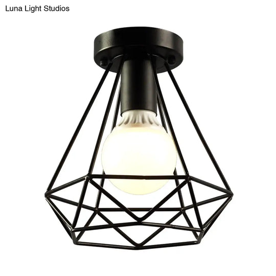 Diamond Cage Semi Flush Mount Ceiling Light Fixture Retro Industrial Style For Restaurants