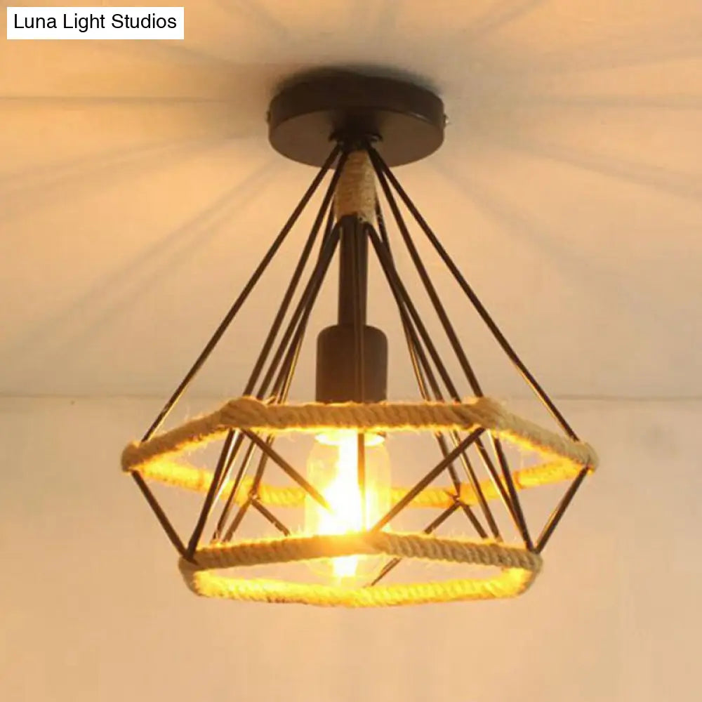 Diamond Cage Semi Flush Mount Retro Industrial Ceiling Lights For Hallway Flaxen