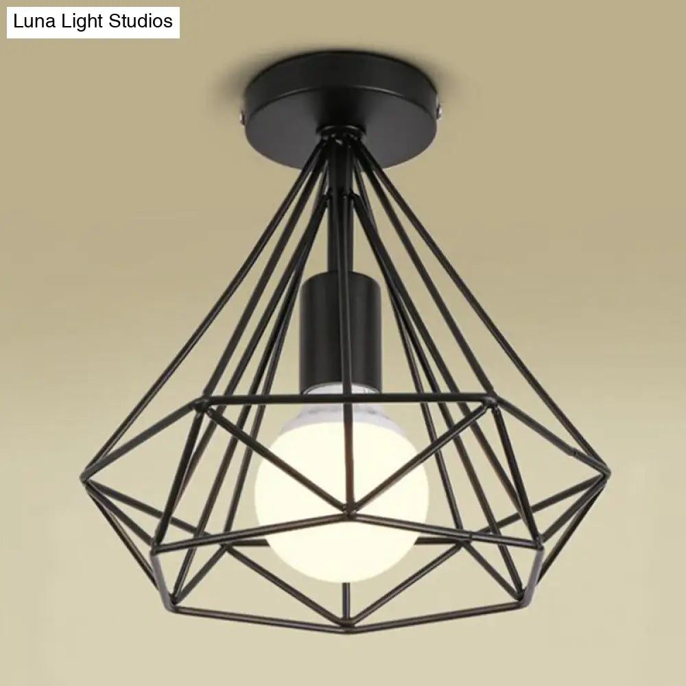Diamond Cage Semi Flush Mount Retro Industrial Ceiling Lights For Hallway Black
