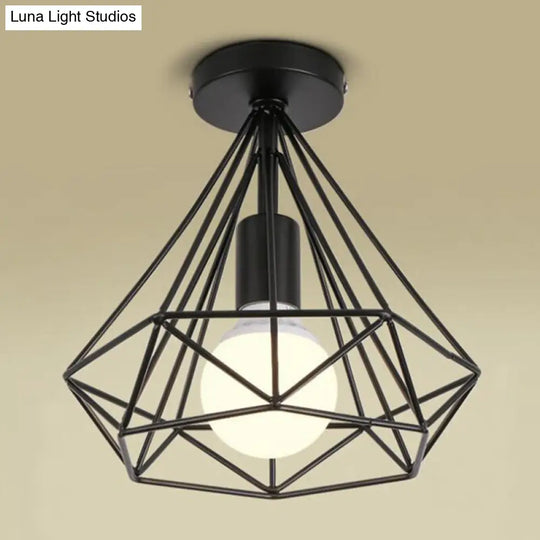 Diamond Cage Semi Flush Mount Retro Industrial Ceiling Lights For Hallway Black