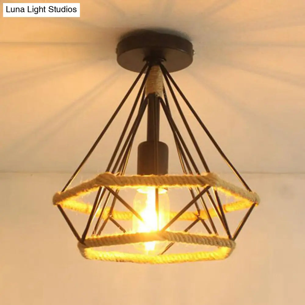 Diamond Cage Semi Flush Mount Retro Industrial Ceiling Lights For Hallway Flaxen