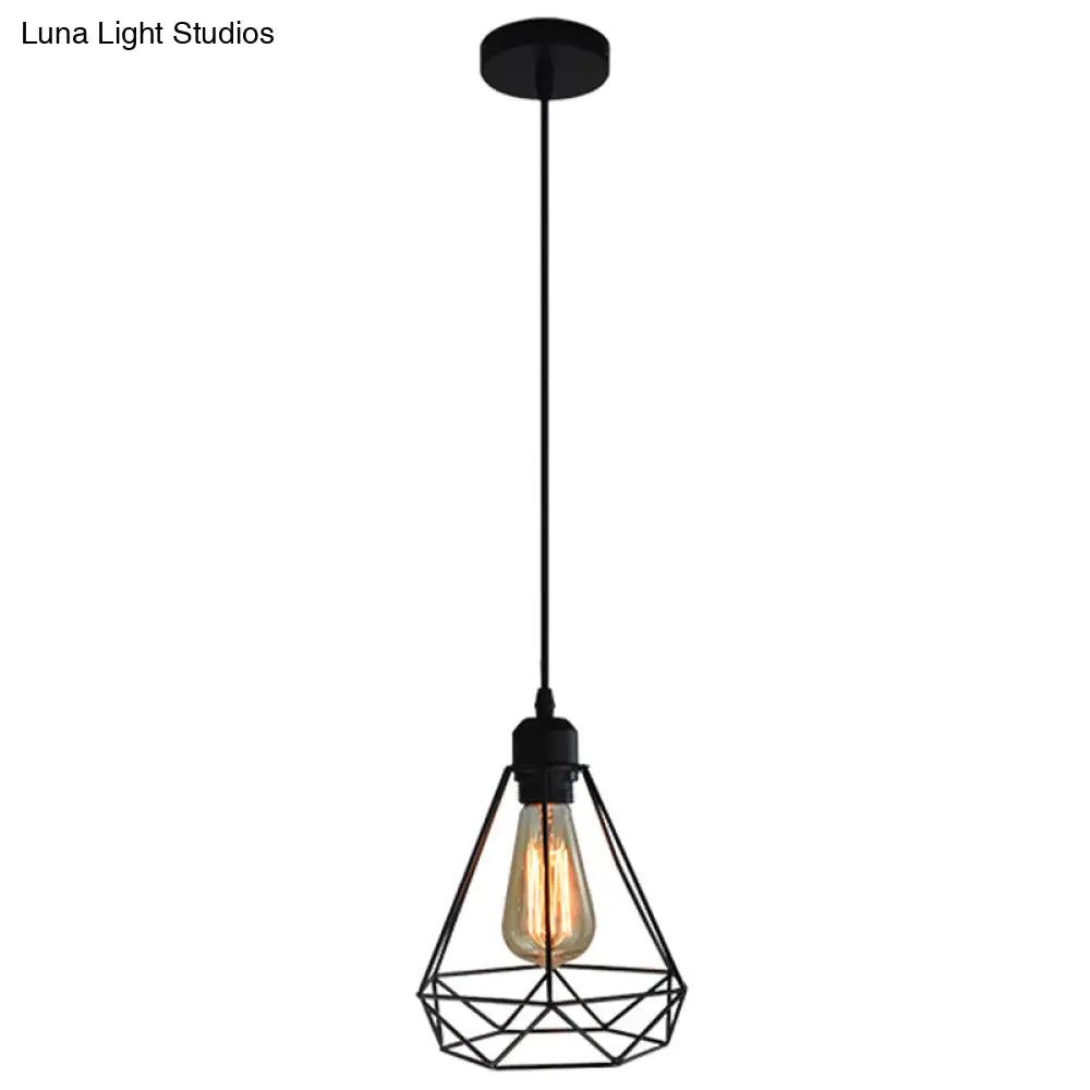 Diamond Iron Cluster Pendant: Nordic Retro 1-Light Black Restaurant Hanging Lamp / 8