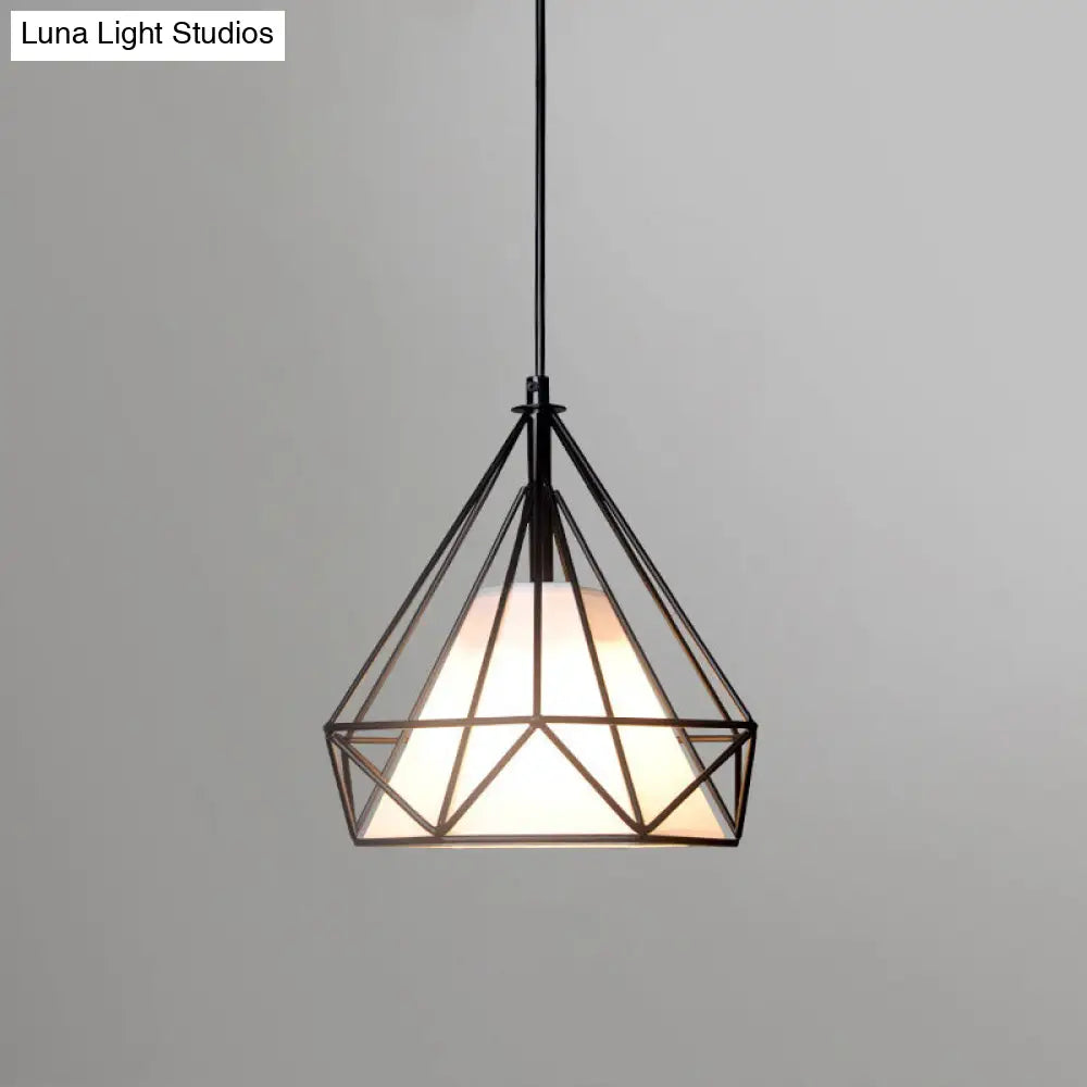 Diamond Loft Ceiling Hang Lamp 1-Head Pendant Lighting In Black/White/Green With Cone Fabric Shade