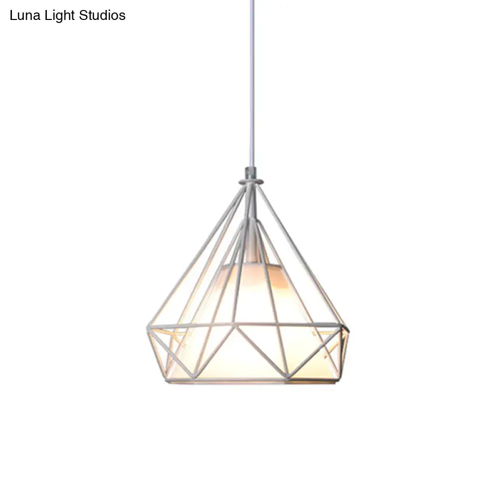 Diamond Loft Ceiling Hang Lamp 1-Head Pendant Lighting In Black/White/Green With Cone Fabric Shade