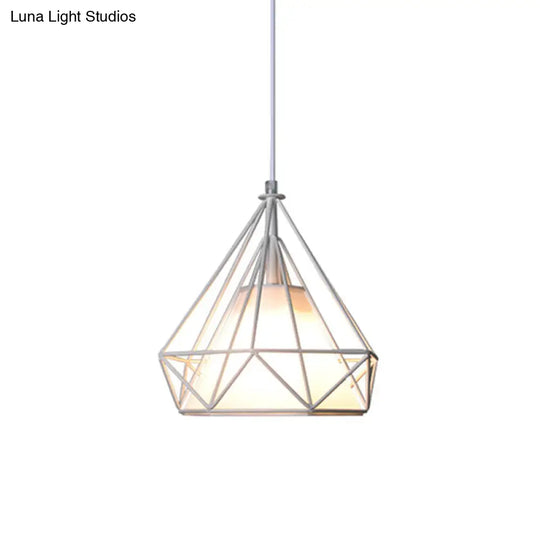 Diamond Loft Ceiling Hang Lamp 1-Head Pendant Lighting In Black/White/Green With Cone Fabric Shade