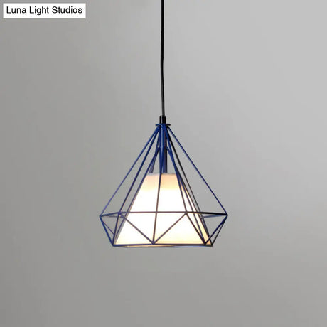 Diamond Loft Ceiling Hang Lamp - 1 Head Iron Pendant Lighting In Black/White/Green With Cone Fabric