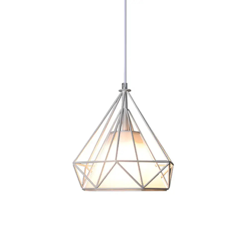 Diamond Loft Ceiling Hang Lamp - 1 Head Iron Pendant Lighting In Black/White/Green With Cone Fabric