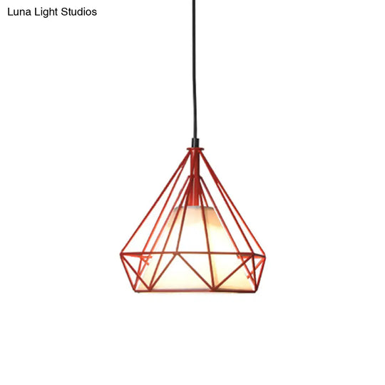 Diamond Loft Ceiling Hang Lamp 1-Head Pendant Lighting In Black/White/Green With Cone Fabric Shade