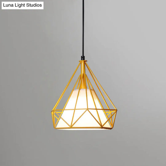Diamond Loft Ceiling Hang Lamp - 1 Head Iron Pendant Lighting In Black/White/Green With Cone Fabric