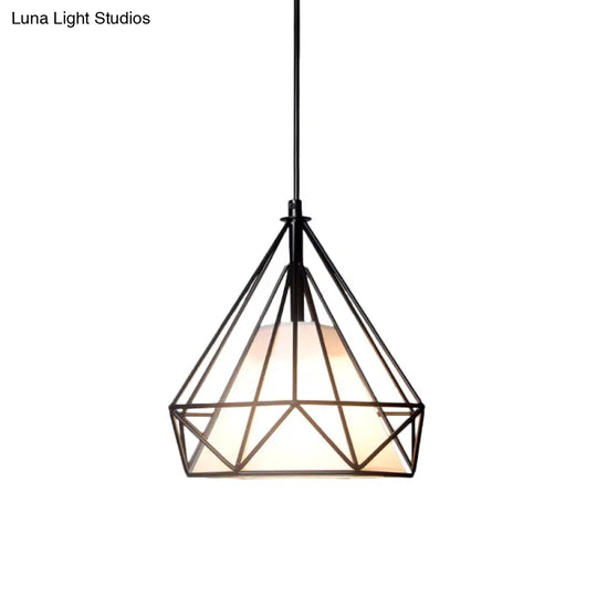 Diamond Loft Ceiling Hang Lamp - 1 Head Iron Pendant Lighting In Black/White/Green With Cone Fabric