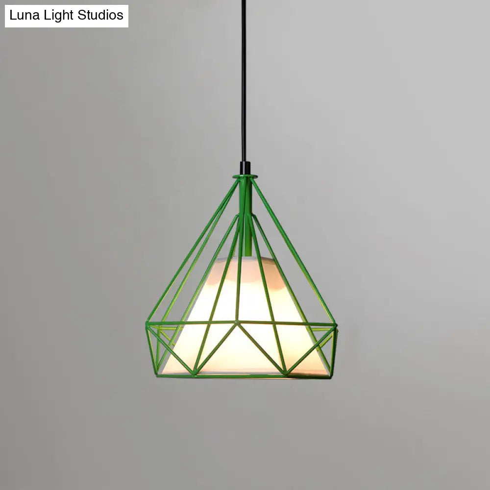 Diamond Loft Ceiling Hang Lamp - 1 Head Iron Pendant Lighting In Black/White/Green With Cone Fabric