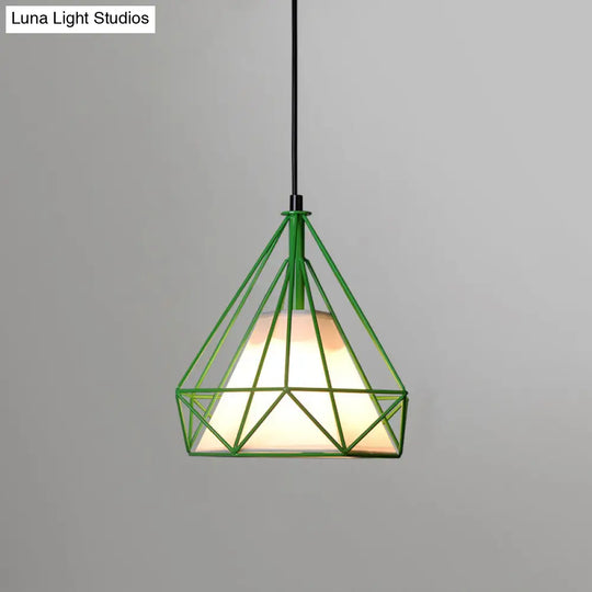 Diamond Loft Ceiling Hang Lamp - 1 Head Iron Pendant Lighting In Black/White/Green With Cone Fabric