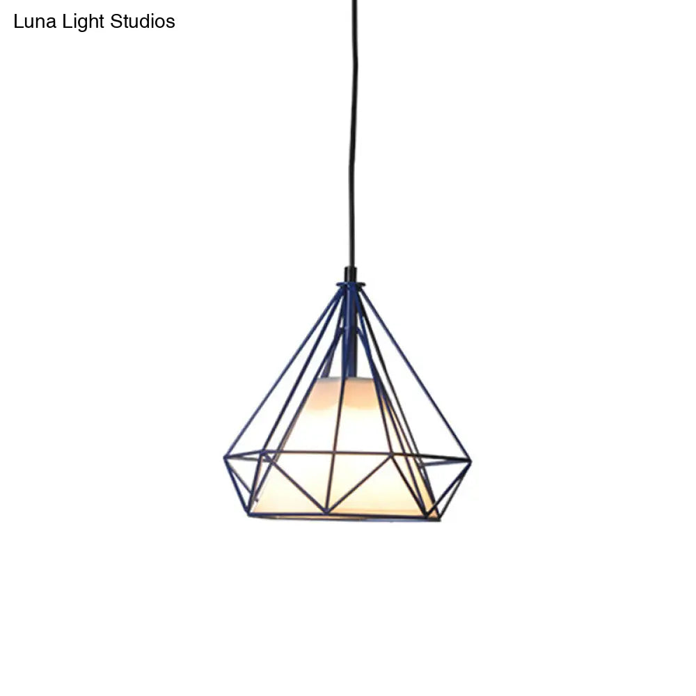 Diamond Loft Ceiling Hang Lamp 1-Head Pendant Lighting In Black/White/Green With Cone Fabric Shade