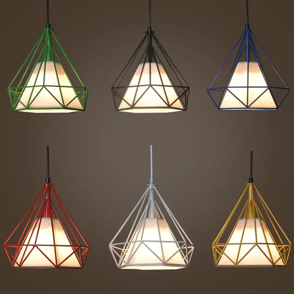 Diamond Loft Ceiling Hang Lamp - 1 Head Iron Pendant Lighting In Black/White/Green With Cone Fabric