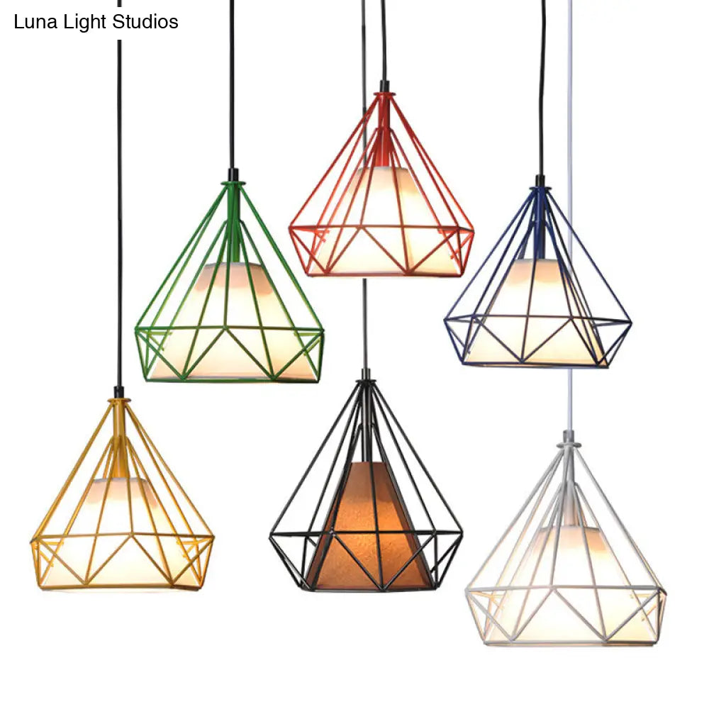 Diamond Loft Ceiling Hang Lamp 1-Head Pendant Lighting In Black/White/Green With Cone Fabric Shade