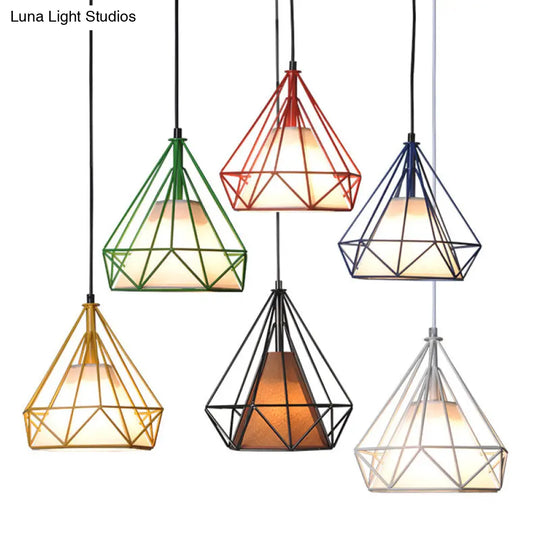 Diamond Loft Ceiling Hang Lamp 1-Head Pendant Lighting In Black/White/Green With Cone Fabric Shade