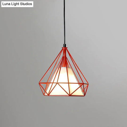 Diamond Loft Ceiling Hang Lamp - 1 Head Iron Pendant Lighting In Black/White/Green With Cone Fabric