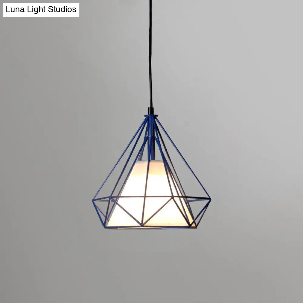 Diamond Loft Ceiling Hang Lamp 1-Head Pendant Lighting In Black/White/Green With Cone Fabric Shade